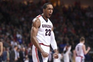 March 7, 2016; Las Vegas, NV, USA; Gonzaga Bulldogs guard Eric McClellan (23) celebrates against the BYU Cougars during the second half in the semifinals of the West Coast Conference tournament at Orleans Arena. Mandatory Credit: Kyle Terada-USA TODAY Sports